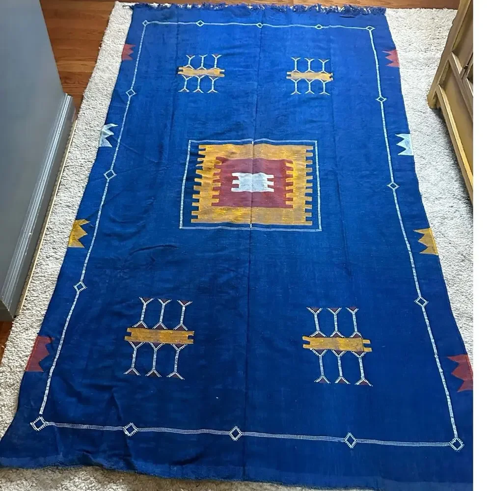 Vintage Moroccan rug kilim Berber Handmade orange yellow red wall tapestry 2x3ft